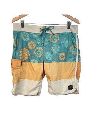 Lost At Sea Men's Orange Blue Floral Unlined Swim Trunks Board Shorts Size 32
